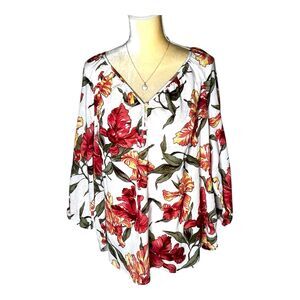 Chaps Denim  White Floral Top Size 1X Boho V-neck Cotton